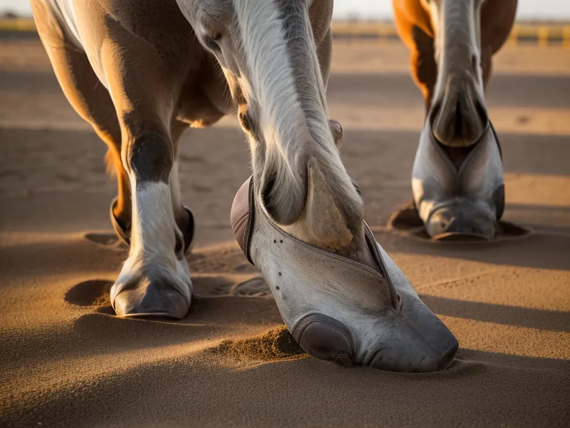 Trois pistes de l'épaule en dedans visibles dans les traces de sabots, repère clé de la progression équestre en dressage amateur