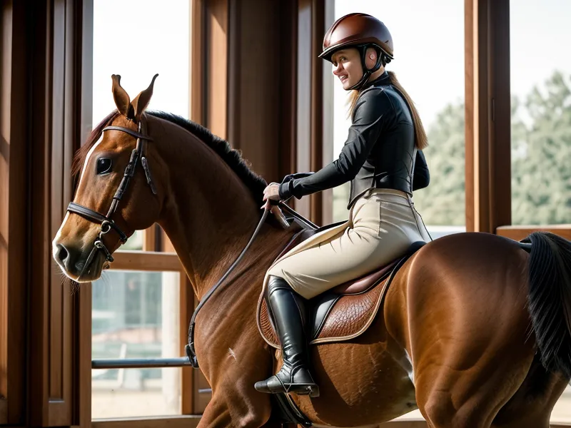 Cavalière travaillant son assiette à cheval et sa position de cavalier en club de dressage amateur à Saumur