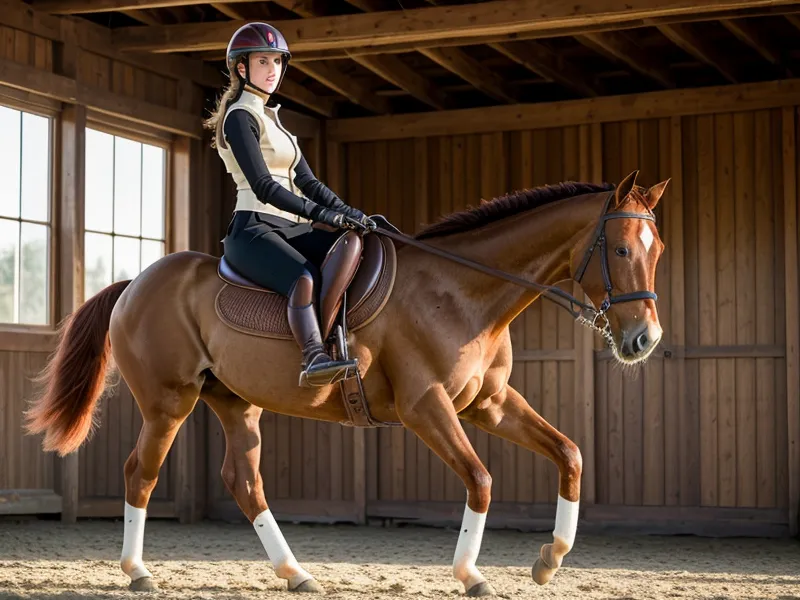Volte précise d'une cavalière en travail sur le plat, dans une carrière de dressage vide