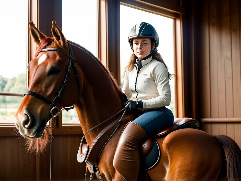 Décontraction du cheval en début de séance de dressage amateur, cavalière au pas sur le plat près de Saumur