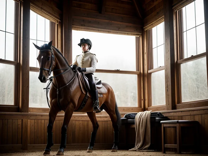 Cavalière amateur en pause pendant une reprise de dressage au club, près d'une lettre de repère