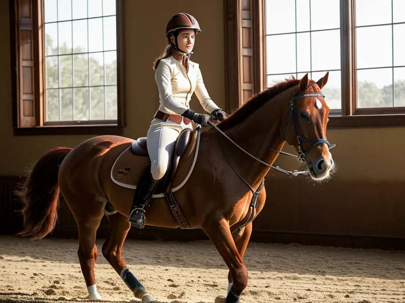 Jambe stable et équilibre du cavalier pendant le trot assis en club de dressage débutant