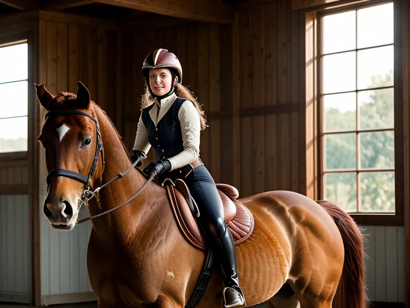 Vue depuis la selle en carrière de dressage, séance de progression pour cavalier amateur