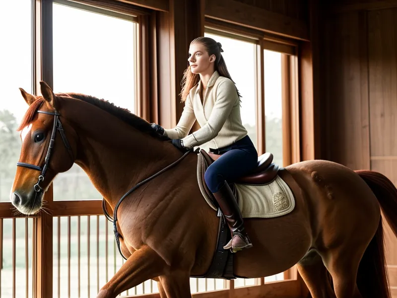 Jambe extérieure d'une cavalière amateur préparant un départ au galop en dressage à Saumur