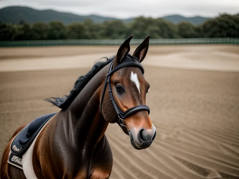 Vue depuis la selle pendant une reprise de dressage amateur, préparation de la transition au galop