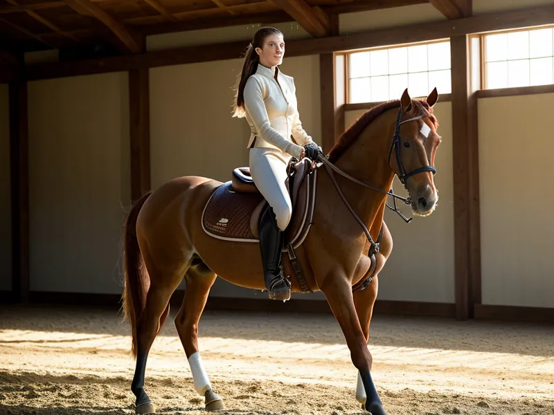 Cheval de club en plein travail d'épaule en dedans pendant une reprise de dressage amateur
