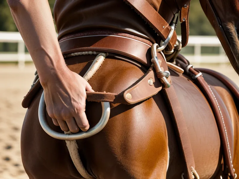 Main extérieure d'une cavalière amateur stabilisant le tracé d'un cercle de dressage