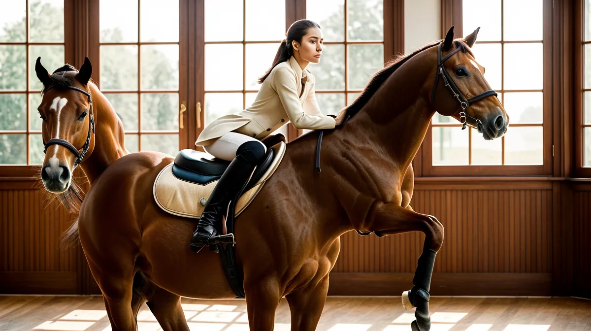 Doubler réussi en dressage amateur : cavalière sur la ligne médiane avant le travail latéral, ambiance équitation Saumur