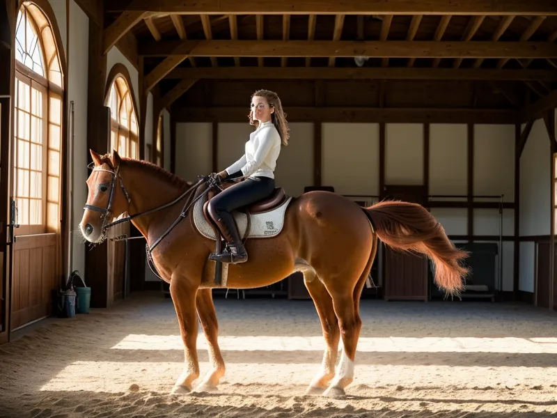Changement de main sur la diagonale en dressage : cavalière amateur cherchant l'équilibre et la position juste en carrière