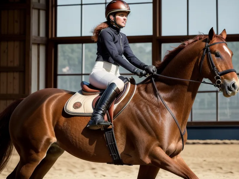 Détail de la jambe d'une cavalière amateur affinant ses aides de dressage sur un cheval alezan